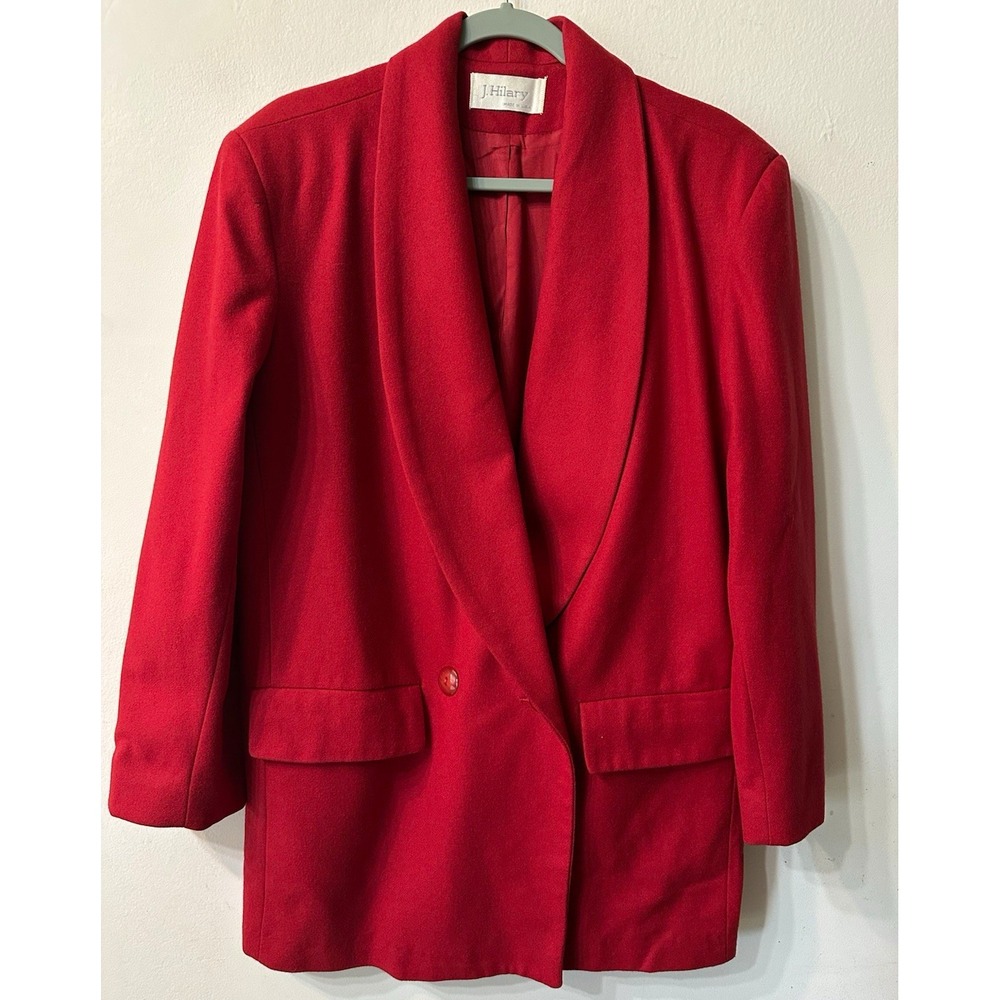 VTG 80s J Hilary Red Wool Blazer Jacket Womens 14 Collar Double Breasted USA⁠